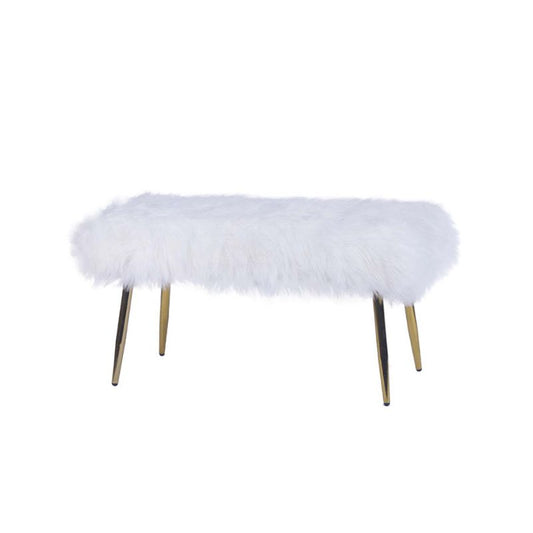 Ella White Faux Fur Bench with Gold Legs