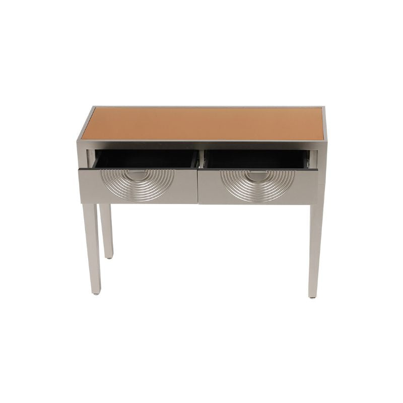 Elliot 2 Drawer Console Gold with Gold Mirror Top and Silver Handles